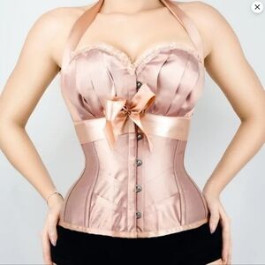 US4/UK8 Corset Story Rose Gold Halterneck Overbust Ribbon Corset